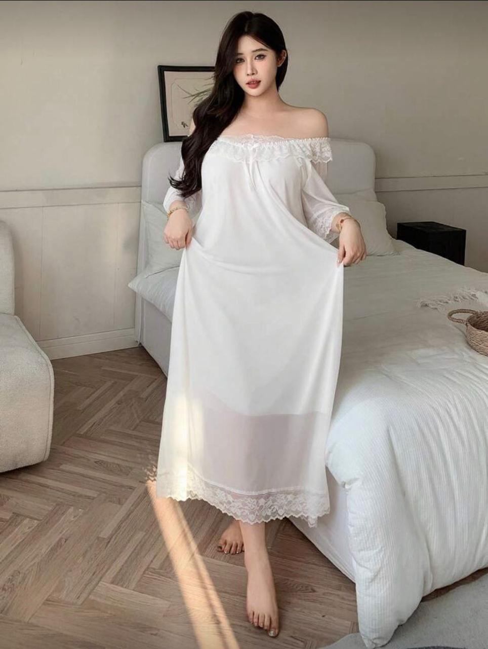 Off-Shoulder Lace Hem Night Gown - Code(537)