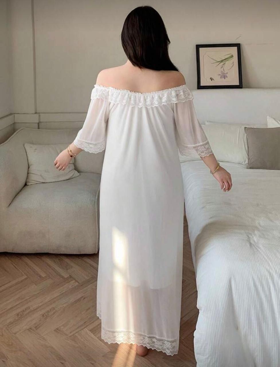 Off-Shoulder Lace Hem Night Gown - Code(537)