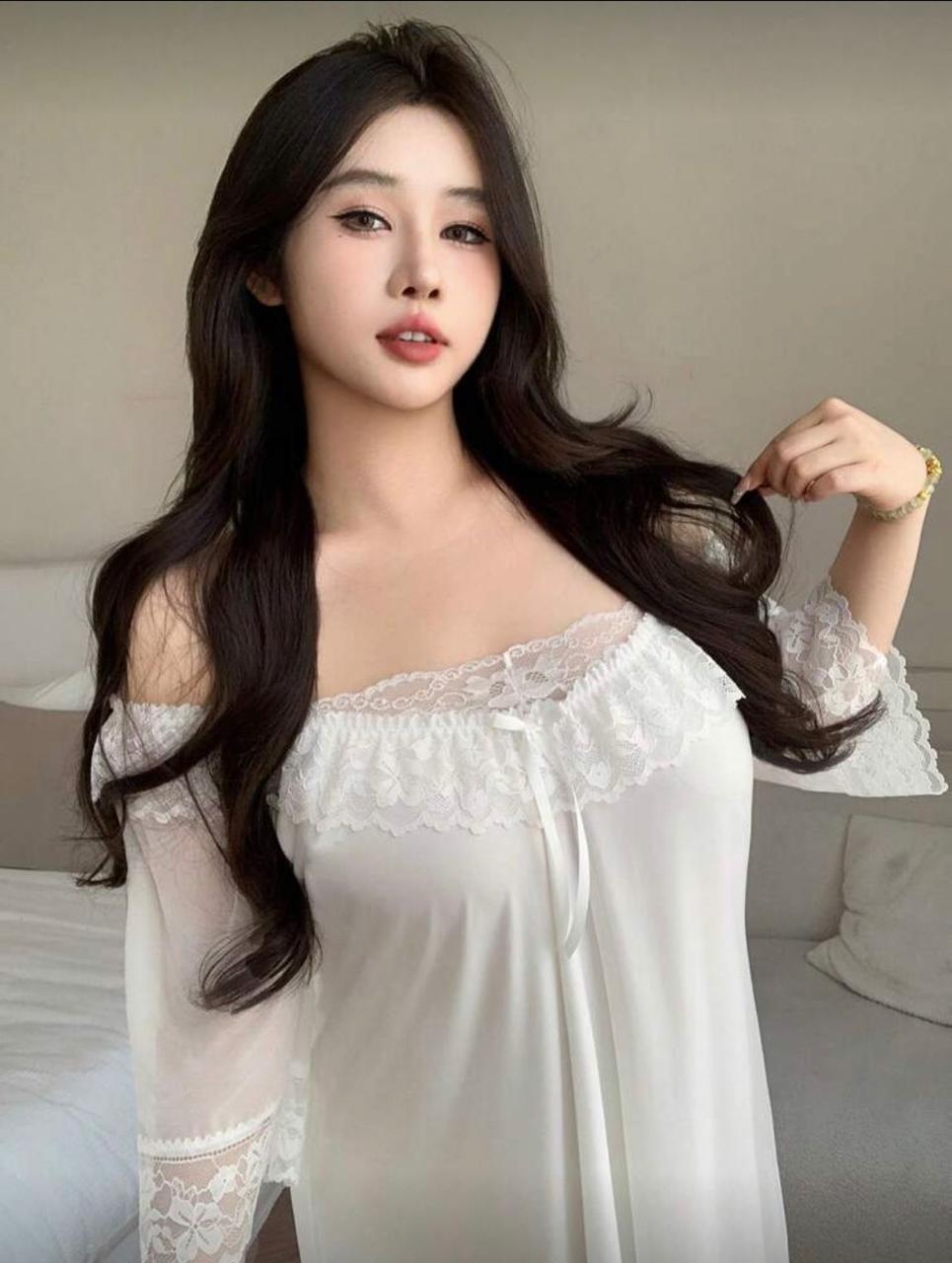 Off-Shoulder Lace Hem Night Gown - Code(537)